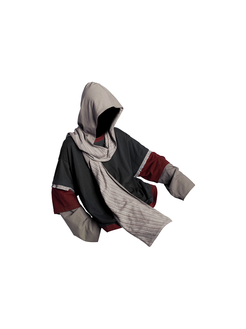 RELABEL（リレーベル）の「RELABEL Spatial Relationship (Three-layer Overlay) Three-colour Mixed Colour-woven Striped 取り外し可能なスカーフ フード付きフェイクスリーピースウォッシュ加工長袖Tシャツ（トップス）」