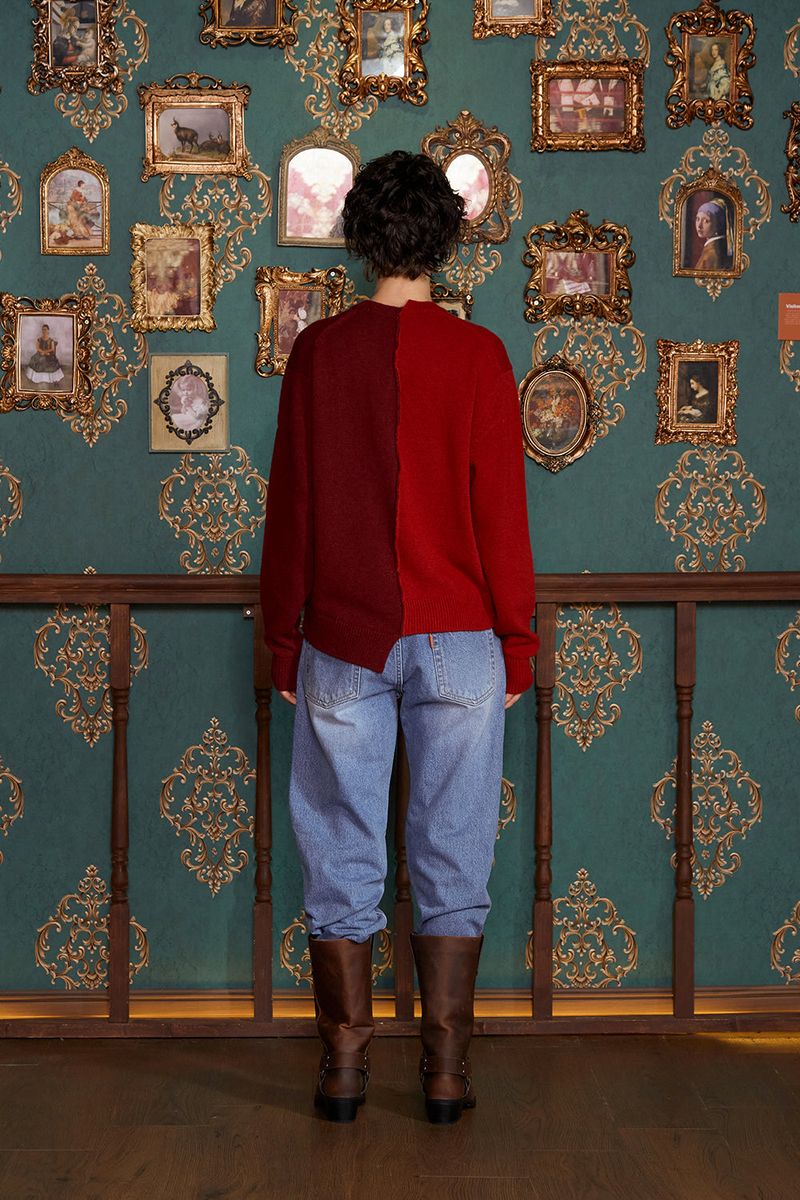 ASYMMETRY WOOL CARDIGAN / WINE&RED