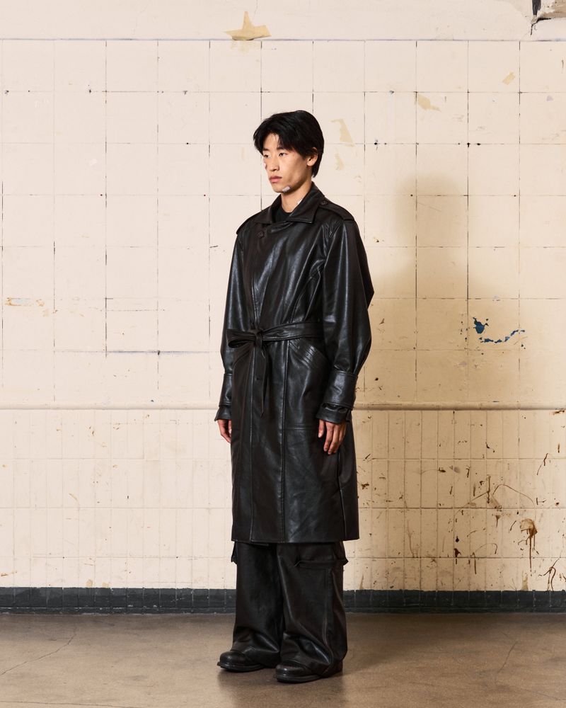 Curved Leather Trench coat (Black)