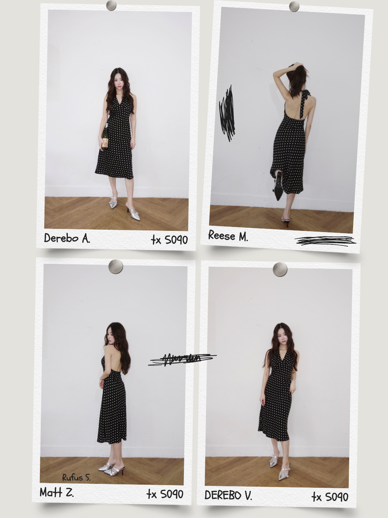 dot halter-neck sleeveless V-neck long dress