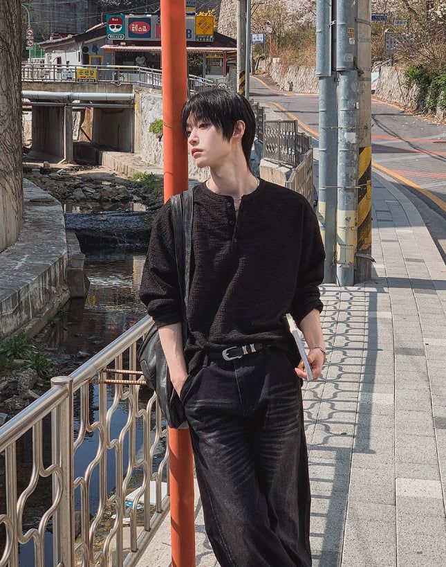 Bebro Tweed Henley Neck Long Sleeve Tee