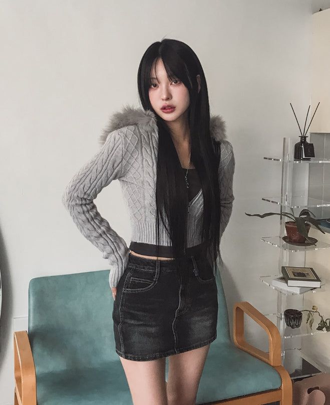 Rinco Cable Knit Fur Hood Zip-Up