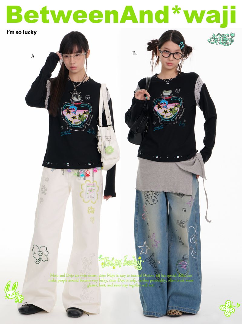 BETWEENAND(ビトゥウィーンアンド)の「BETWEENAND Spring Waji Dolphin Lucky Bottle Splicing Hot Diamond Shoulder Black Long Sleeve T-shirt for Women(Tops)」