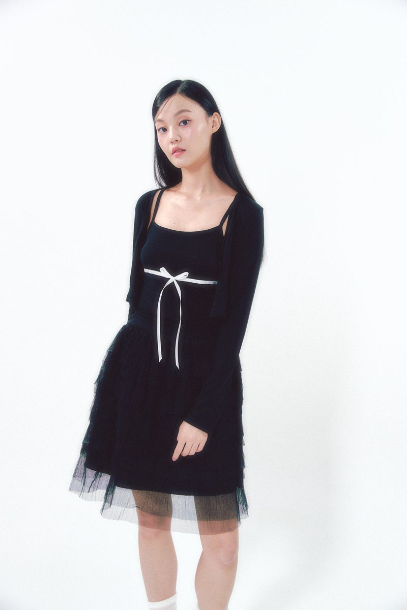 Knit Ribbon Shirring Top Set Black