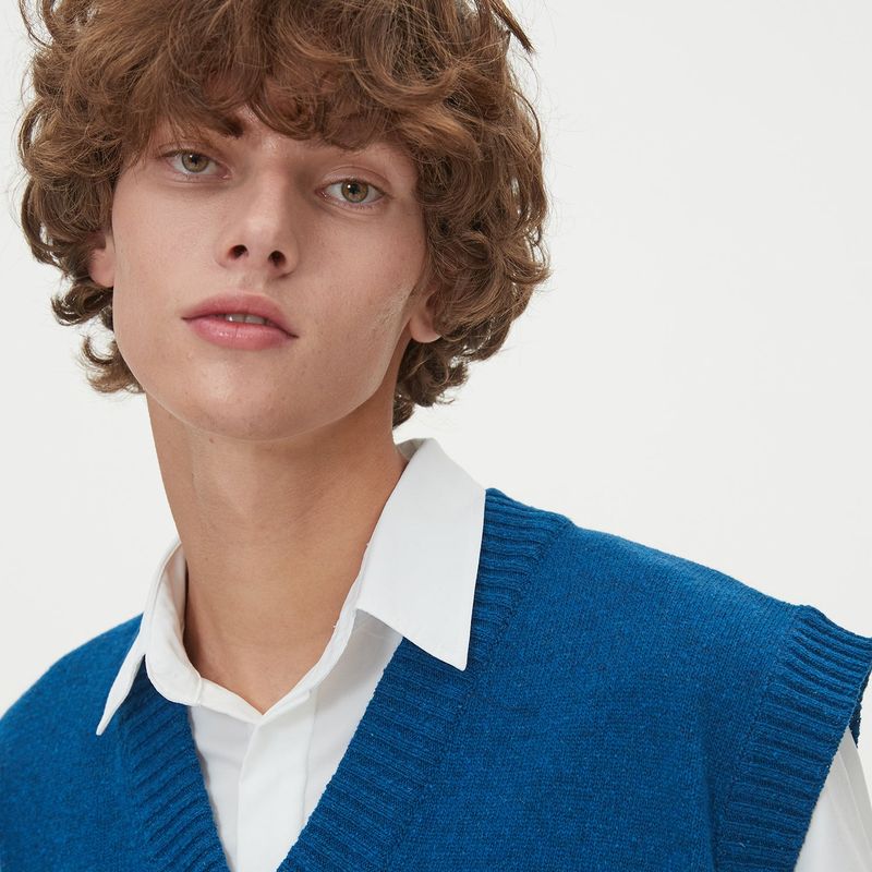 LAMBSWOOL V NECK KNIT VEST_BLUE