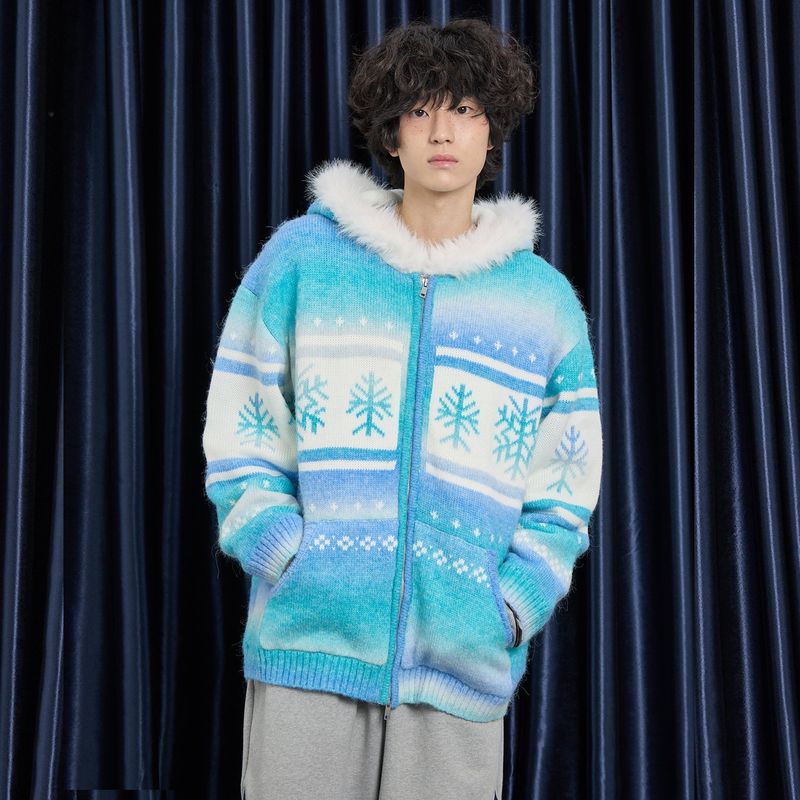 Snow Gradation Fur Hood Knit Zip Up