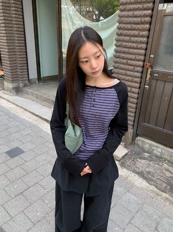 BAON（バオン）の「Shabanin Stripe Henley Neck Long Sleeve Tee（Tops）」