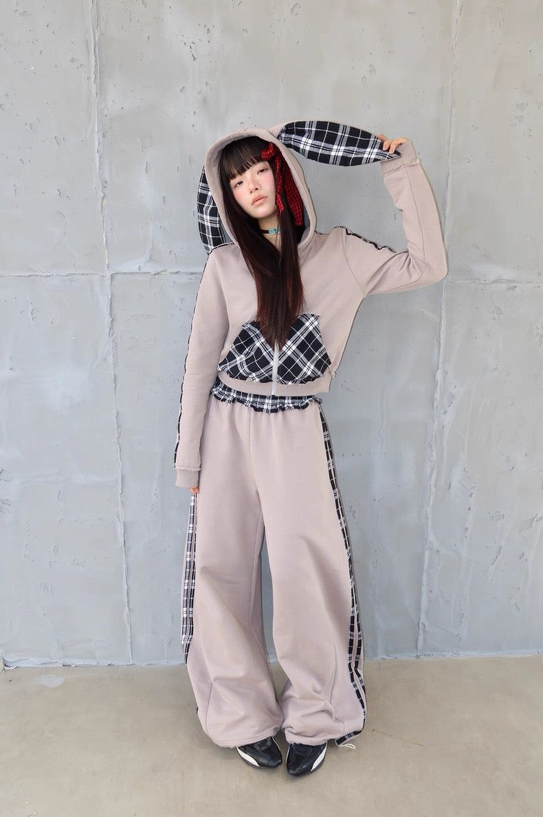 eat me plz（イート ミー プリーズ）の「EatmePlz Sweet Cool Rabbit Ear Hooded Sweatshirt Set Plaid Long Pants（Pants）」