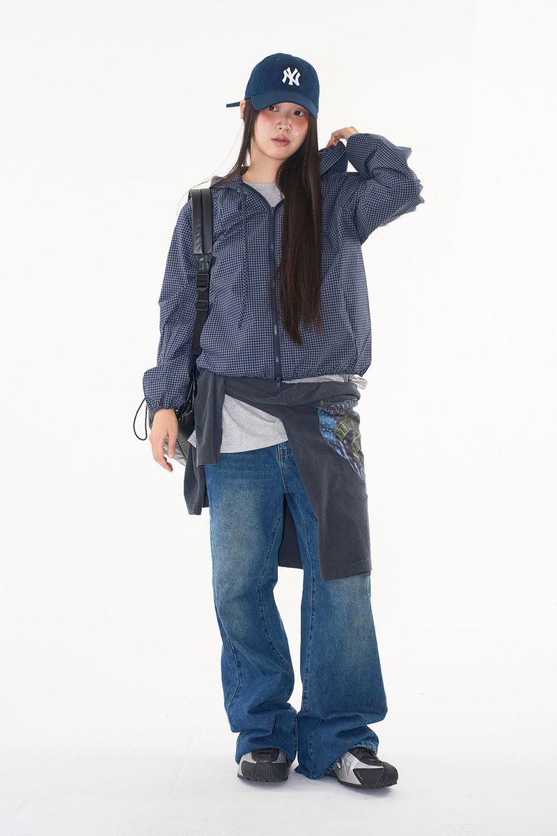 Loop check hoodie zip-up jumper