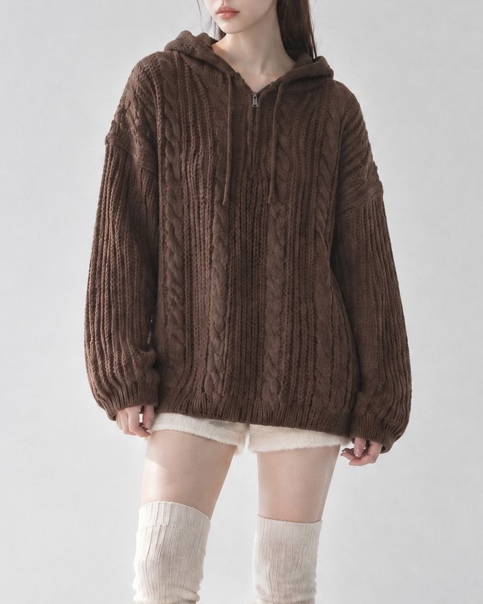 (UNISEX) Follow Half Zip Cable Knit Hoodie