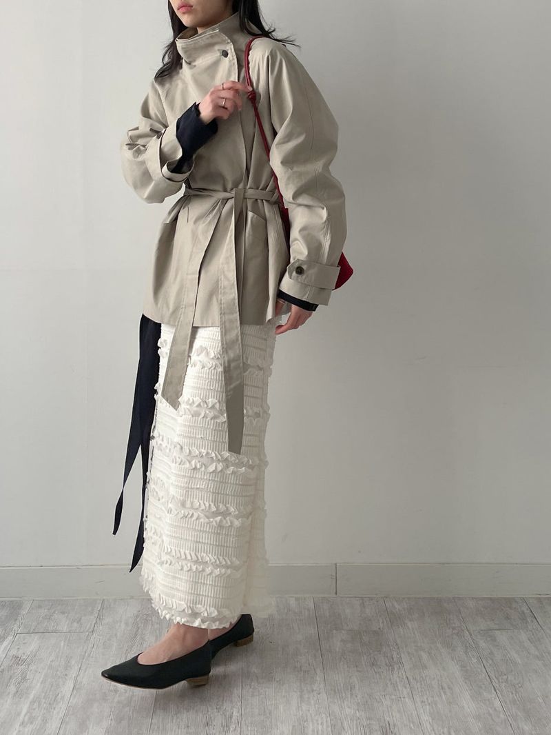 High-neck belted half trench coat