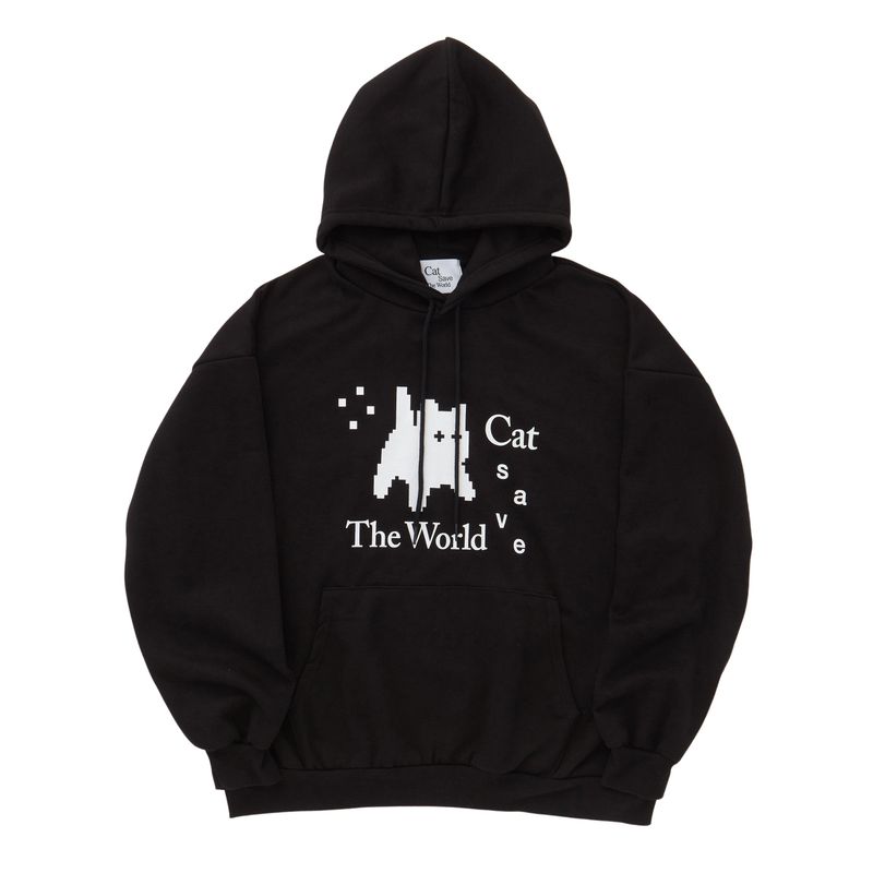 Cat Save The World（キャット セーブ ザ ワールド）の「キャットセーブザワールドピクセルアートフーディ (グレー、ブラック)（トップス）」