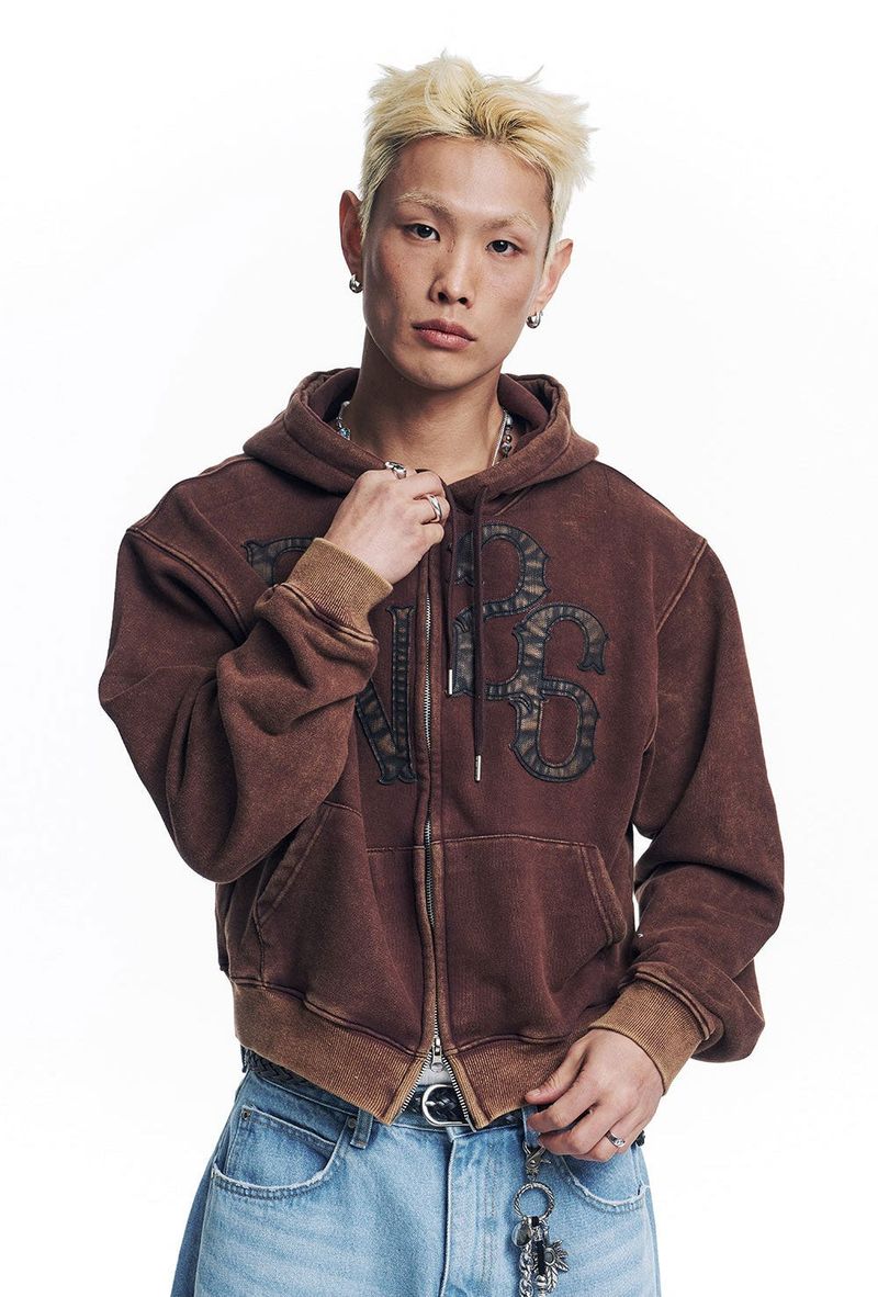 Washed Leather Patch Hooded Zip-Up - Brown