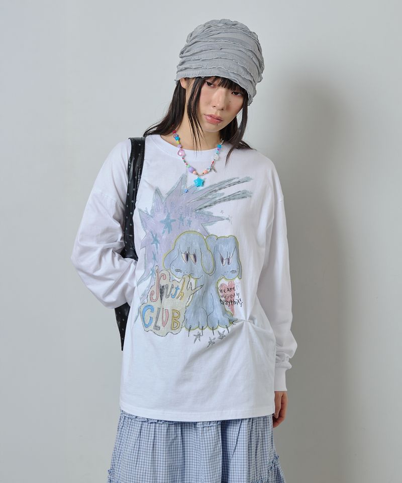 ODDSTUDIO（オッドスタジオ）の「Twin Puppy Graphic Pintuck Oversized Long Sleeve - WHITE（Tops）」