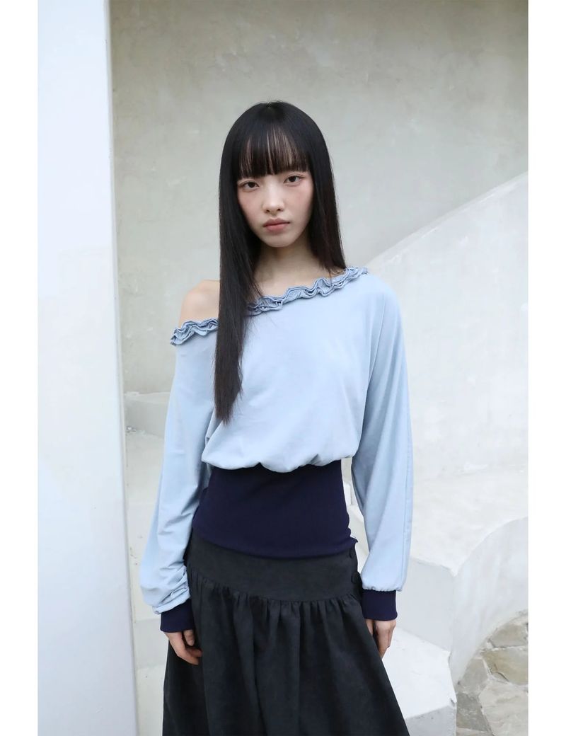 OFF-SHOULDER RUFFLE TOP(BLUE)