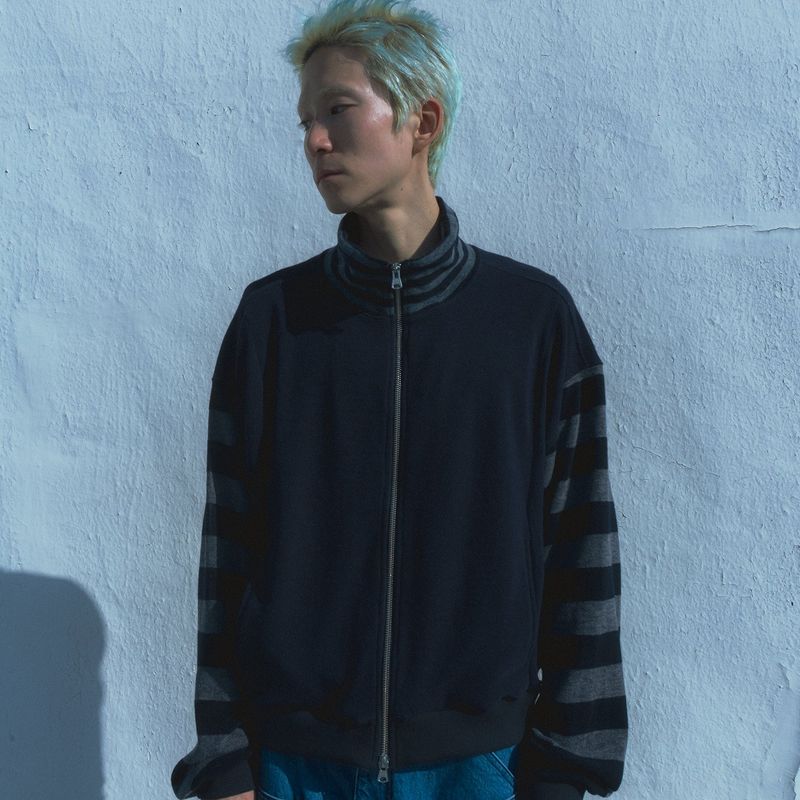 Stripe knit zip-up jacket / Navy