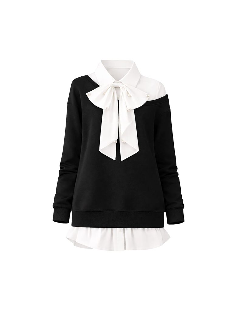 TWEEDY-A（ツウィーディア）の「Elise Pearl Ribbon Layered Sweatshirt Dress Black（Dresses）」