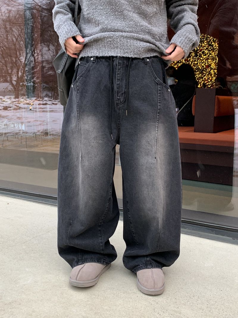 Work vintage patch banding denim pants