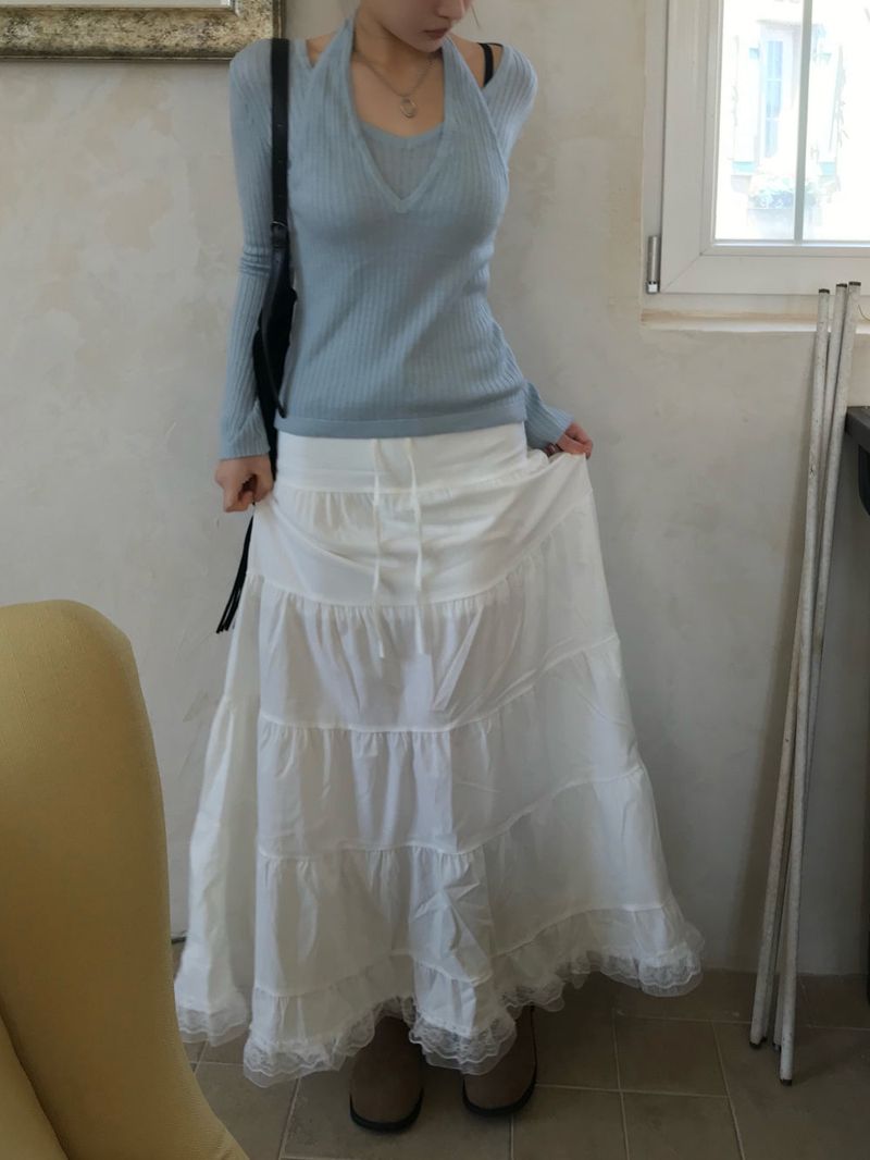 Second Layered Wrap Slim Fit Long Sleeve Rib Knit