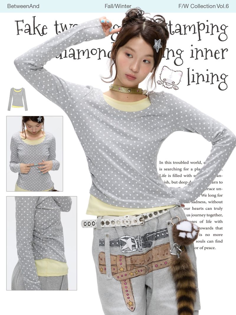 BETWEENAND「Glimmering Waves」Winter holiday set of two long-sleeved, soft, breathable top shirts with polka dot design and a form-fitting fit