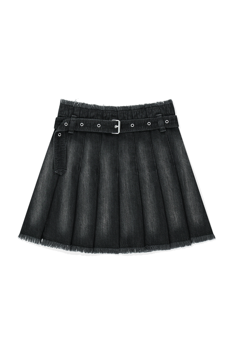 BUCKLE DENIM PLEATS SKIRT