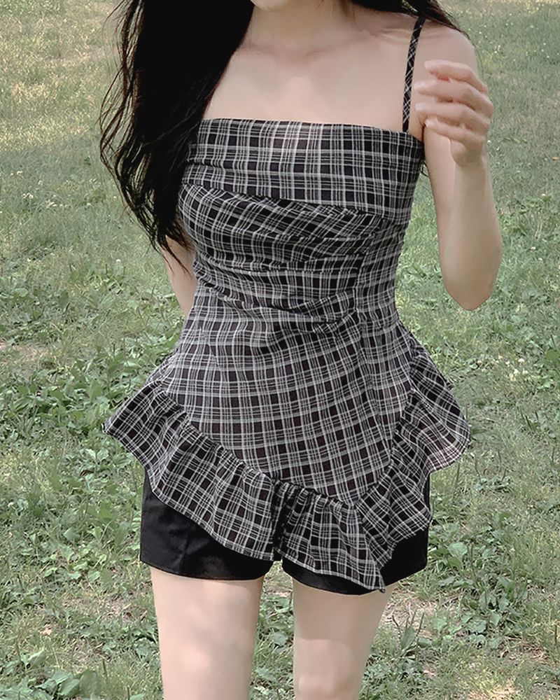 Miflang check blouse & tie set