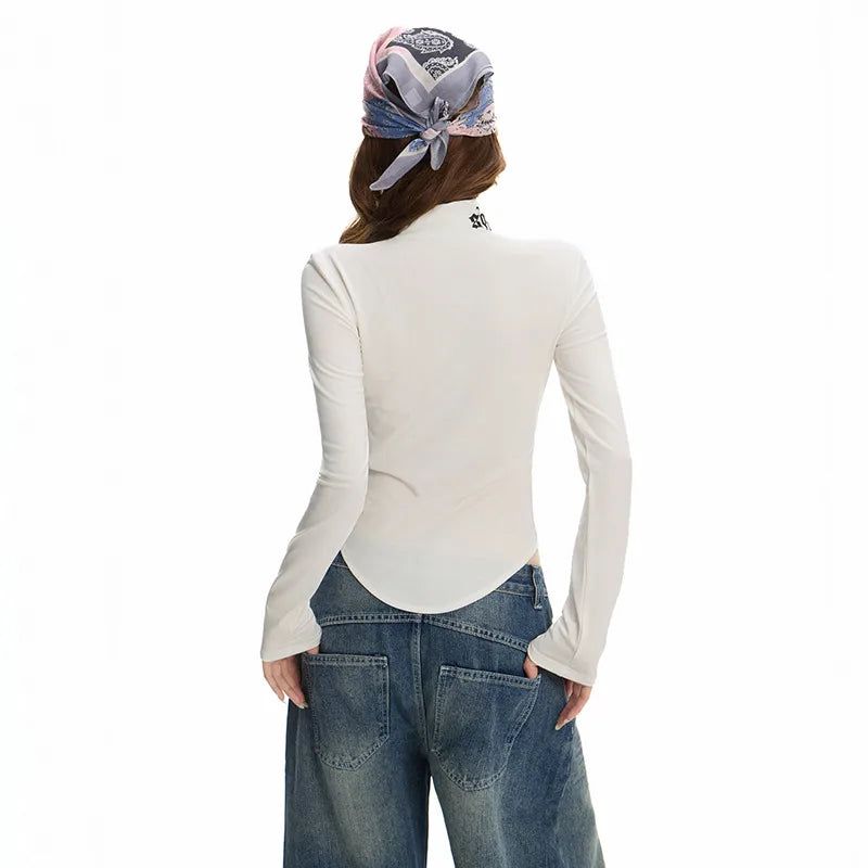 Vintage Dog Print Mock Neck Long Sleeve Top