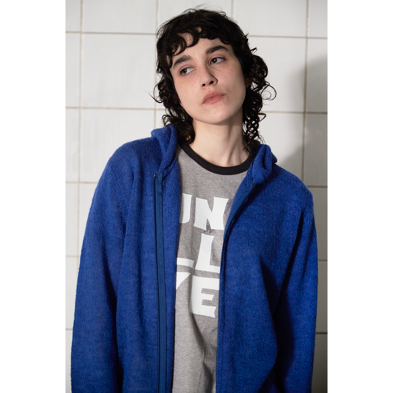 ARGYLE ELBOW KNIT ZIP-UP HOODIE / BLUE