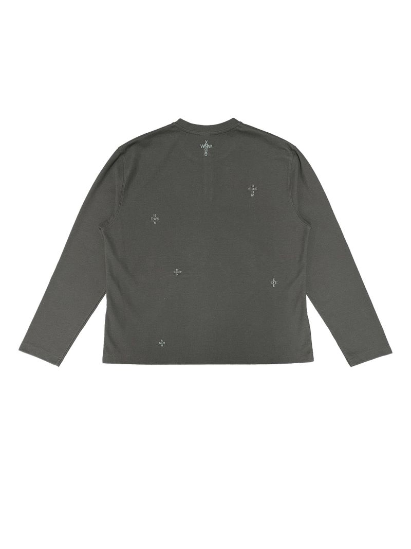 FLOCKED DENIM PATCH EMBROIDERY WAFFLE KNIT HENLEY COLLAR BASE LAYER CARDIGAN