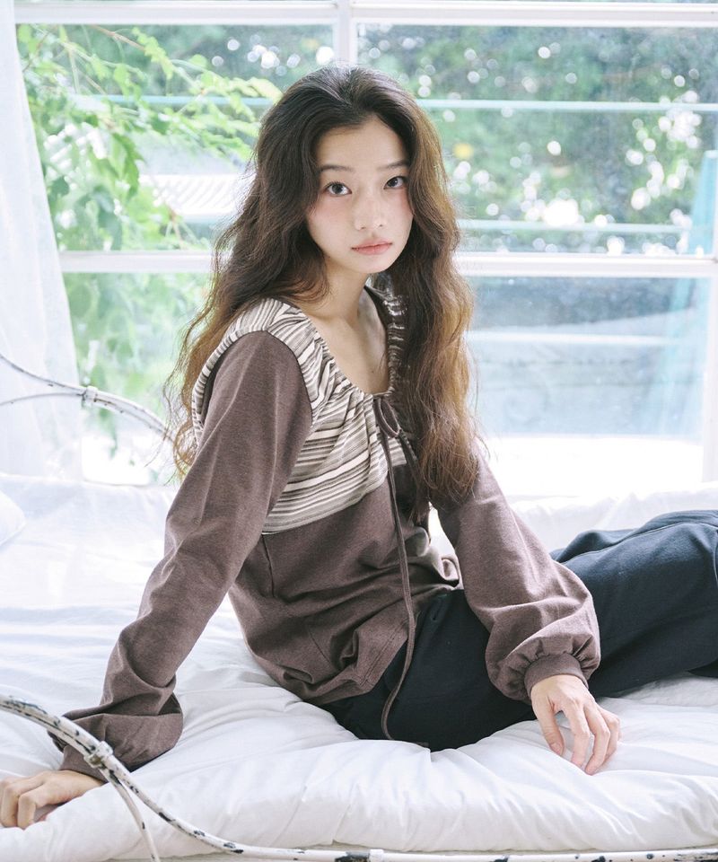 STRING STRIPE SHIRRING LONG SLEEVE - BROWN