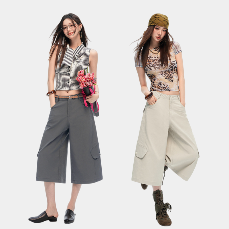 La mode MAQI（ラ モード マキ）の「ウォッシュド ドローストリング マルチポケット ワイドカーゴ クロップドパンツ（パンツ）」