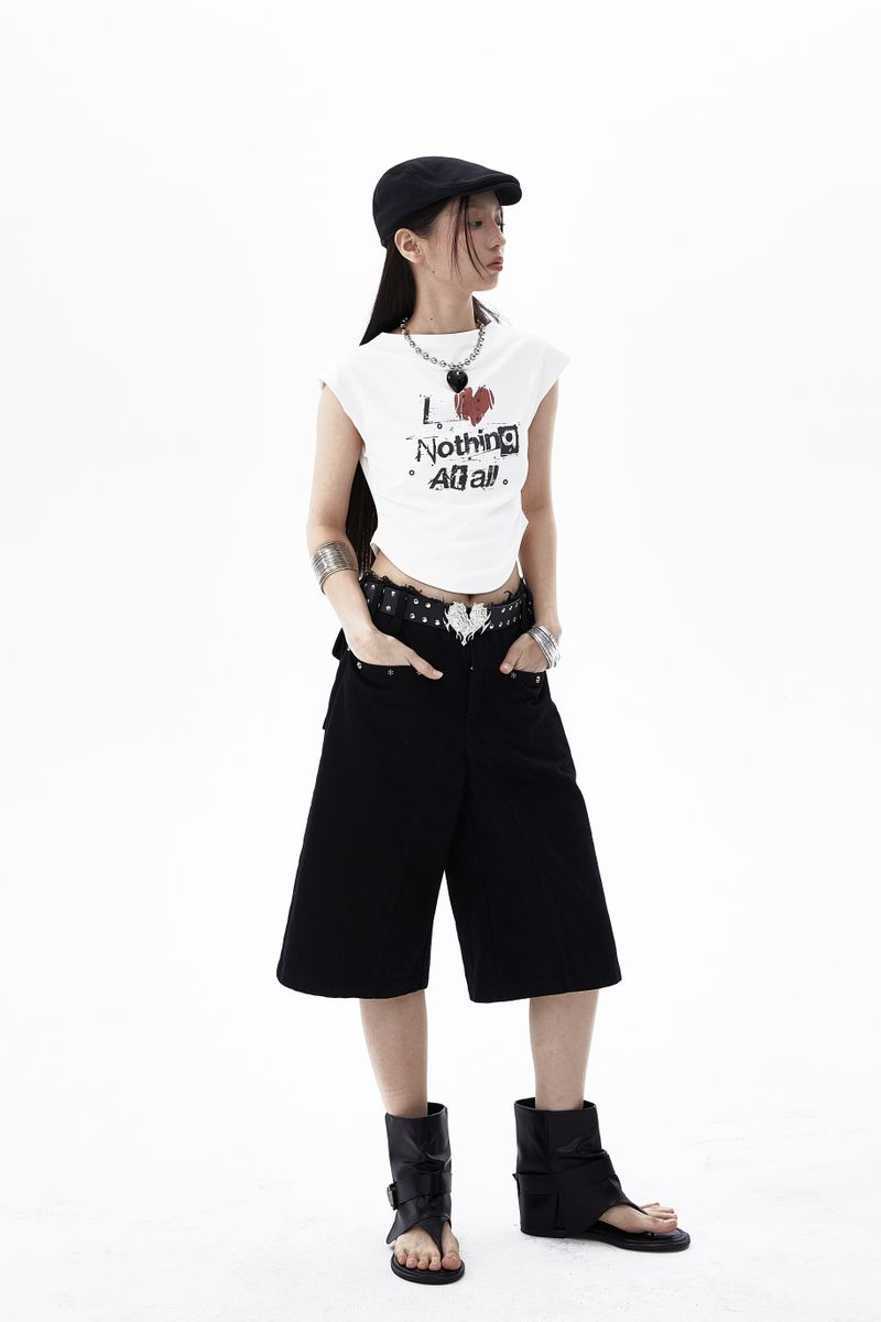 Summon Oak Design Sensation Spicy Girl Short Top, Tank Top, Waist Exposed, Slim Fit, Graffiti Printed Sleeveless T-shirt for Women