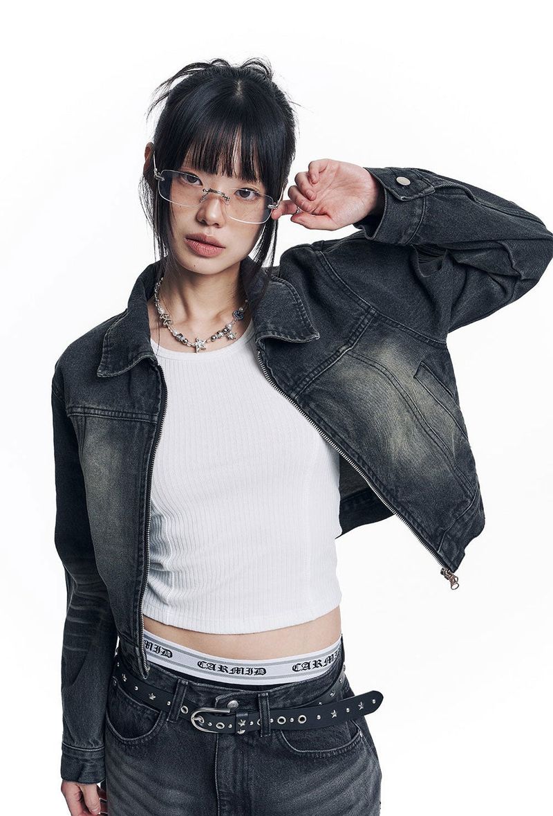 Washed Crop Track Denim Jacket - Black