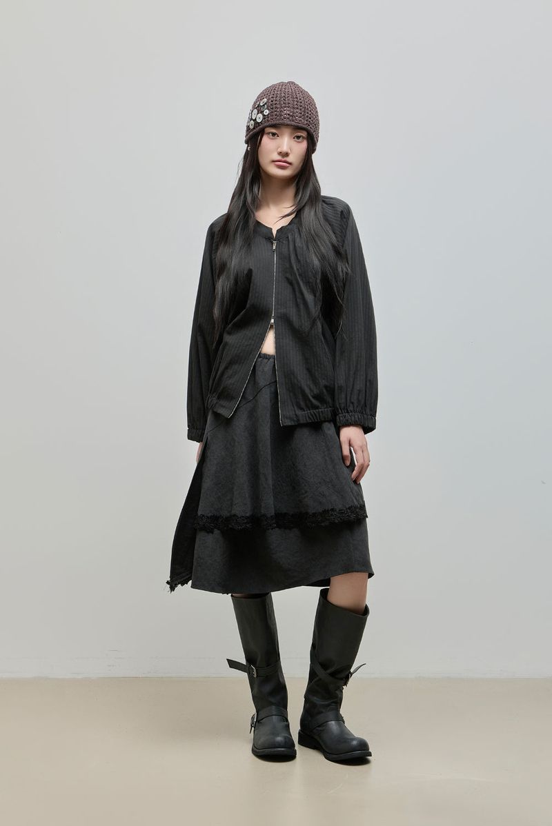 Shirring Zip-up Blouse Jumper_Black