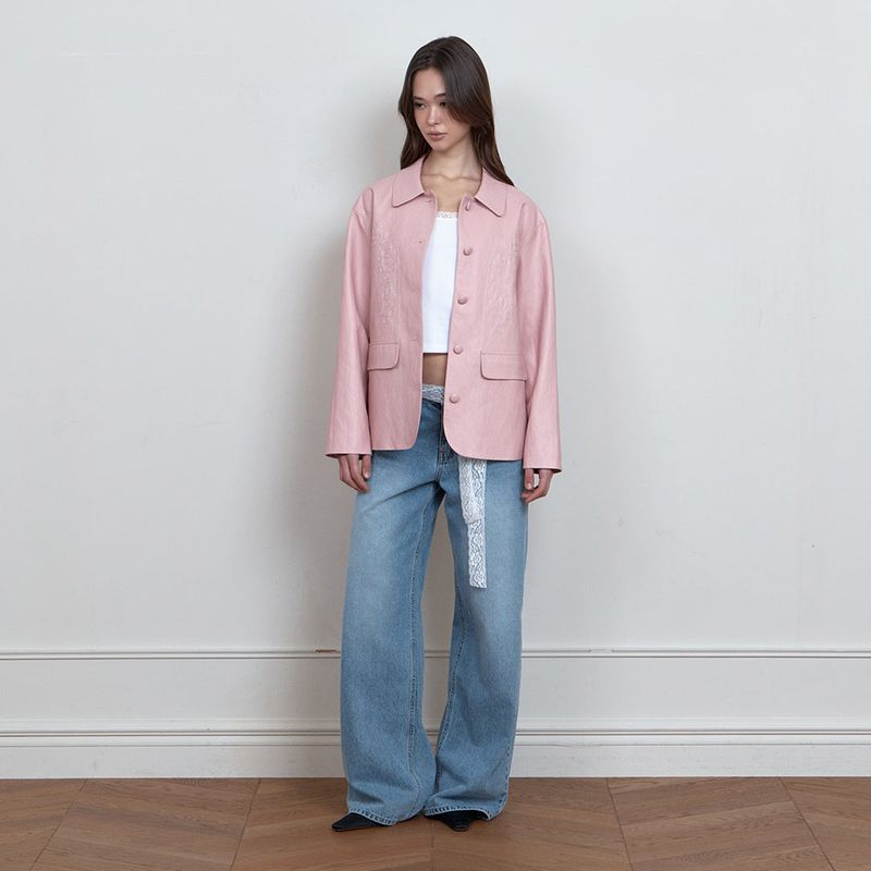 C ROSE-STITCH LEATHER JACKET_PINK