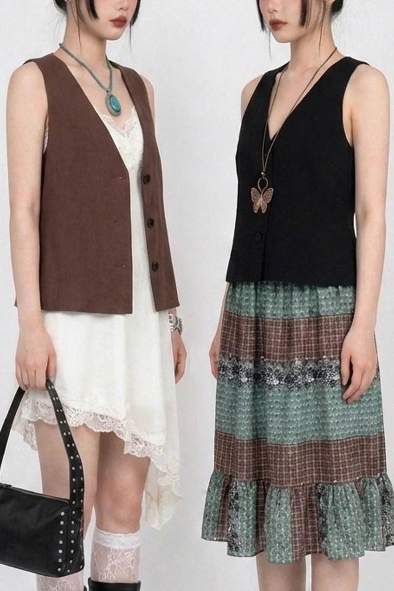 NATURAL LINEN BUTTON VEST (BROWN, BLACK 2COLORS!)
