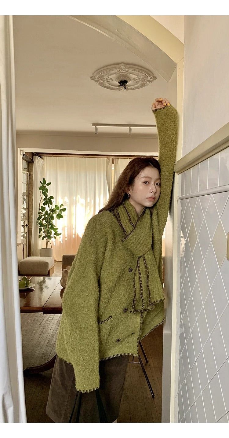 Green tea wool muffler knit cardigan