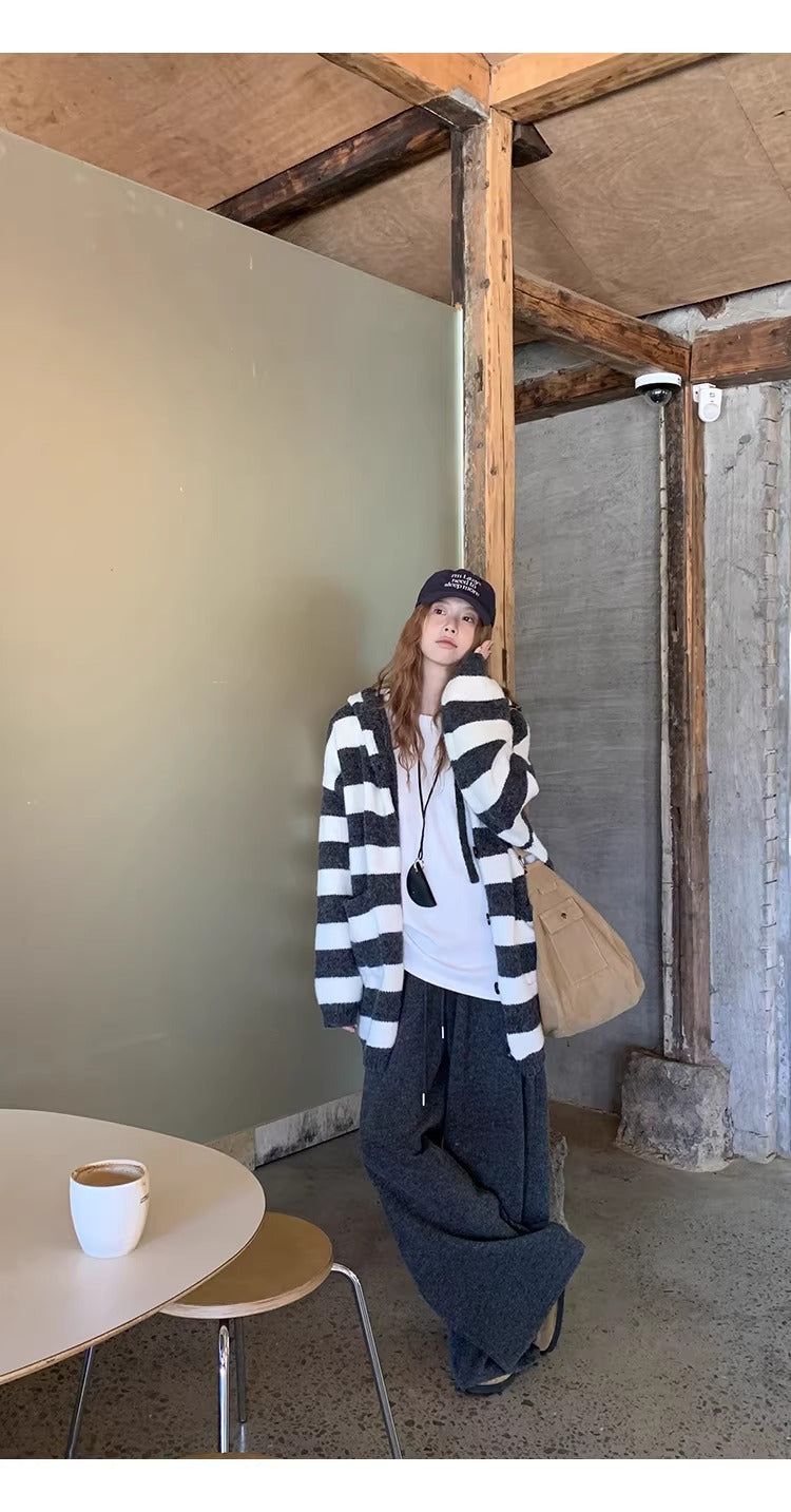 wool knit striped hooded over cardigan