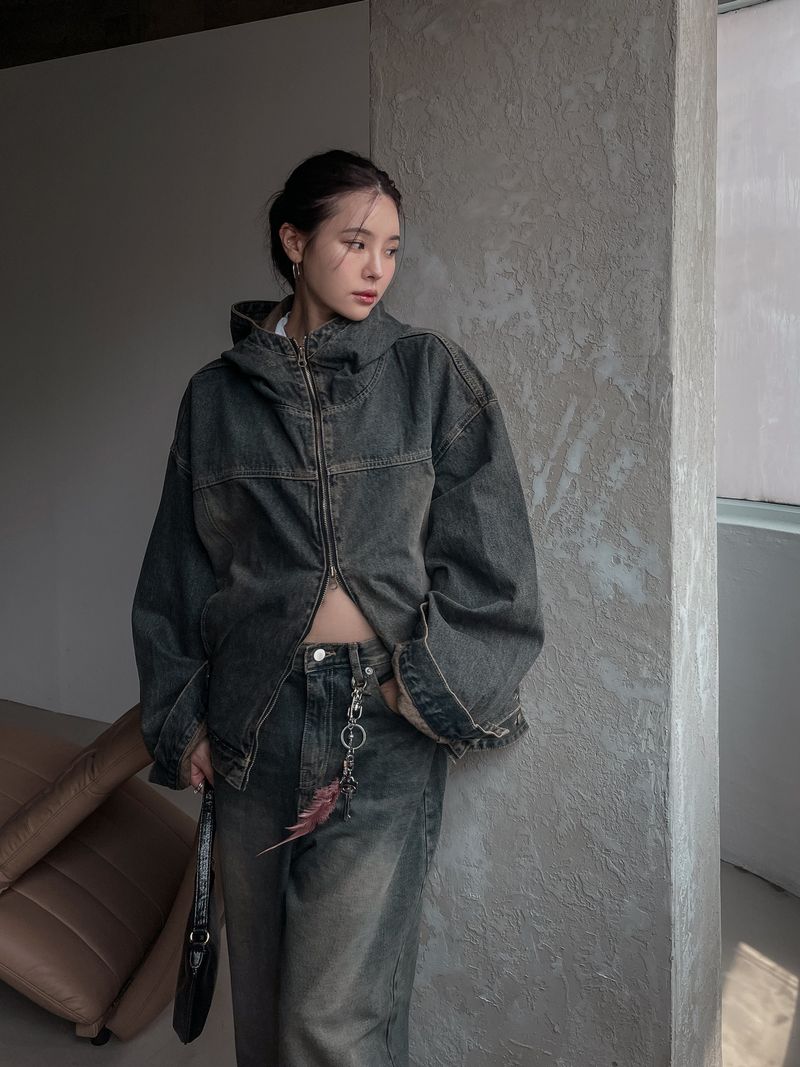 (UNISEX) インアワーウォッシングフードデニムジャケット