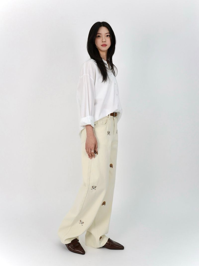 PUPPY EMBROIDERED CREAM DYED STRAIGHT DENIM code 26226