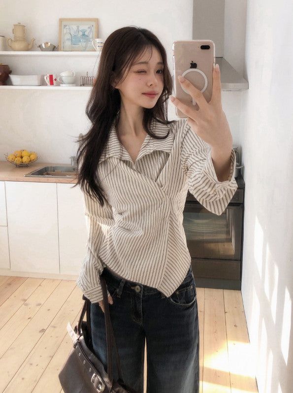 MT Pintuck Strap Button Stripe Wrap Shirt (3color)