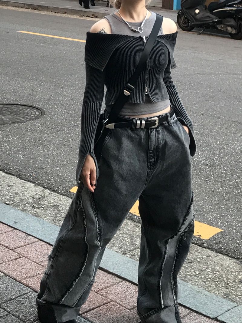 Unique cutting line grunge wide denim pants