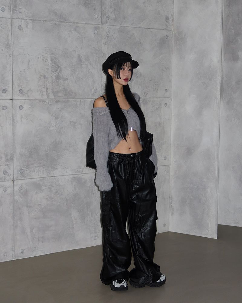leather cargo string jogger wide pants