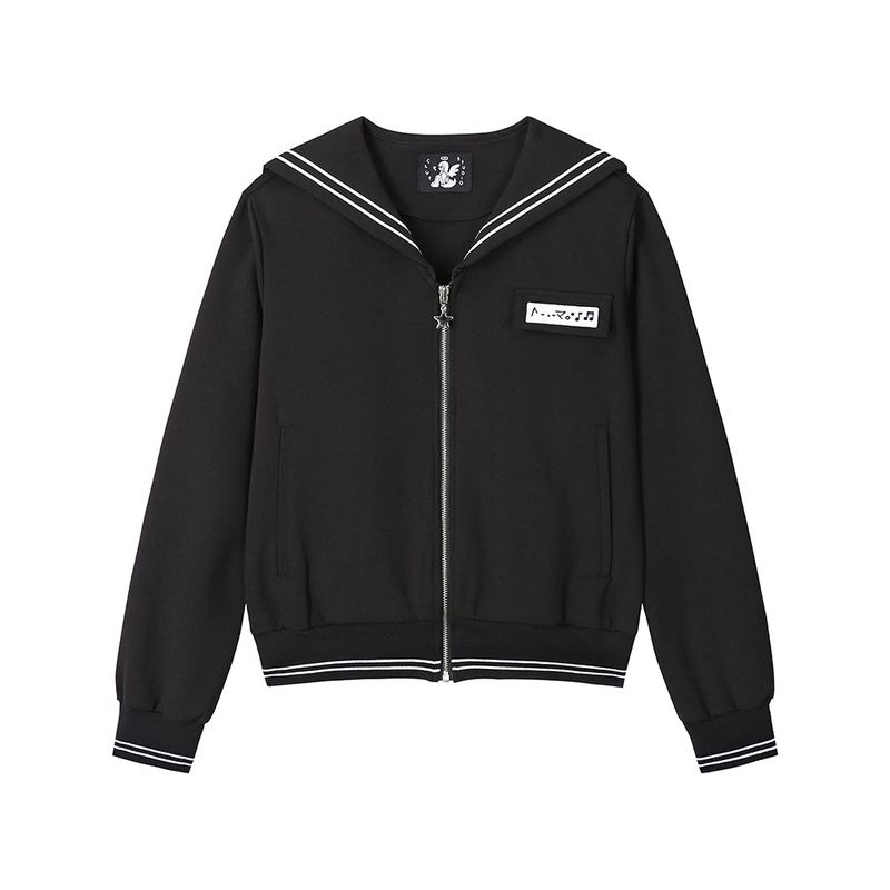 Sailor Collar Zip-Up Jacket - Black