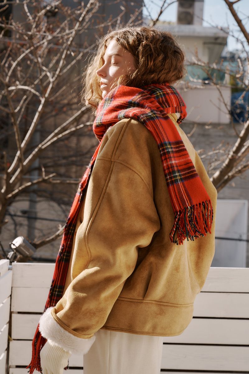 Fringe wool muffler (Red check)