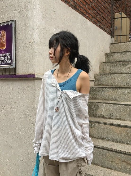 BAON（バオン）の「Dre Stripe Summer Button Off-Shoulder Long Sleeve Tee（Tops）」