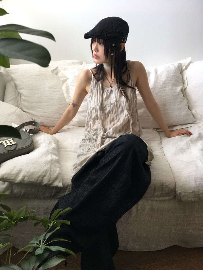 [Muffler set] Lucing Wrinkle Ribbon Strap Sleeveless Dress