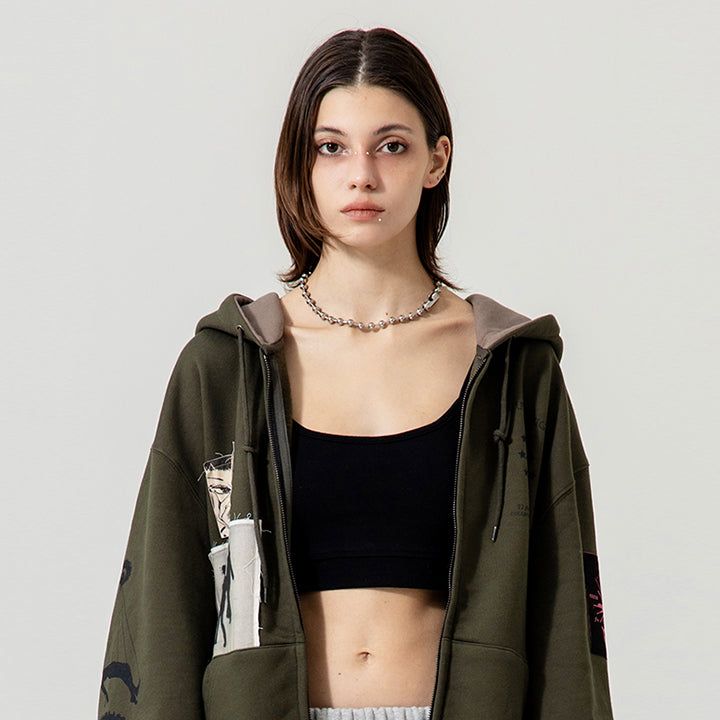 FRINGE PATCH ZIP UP HOODIE