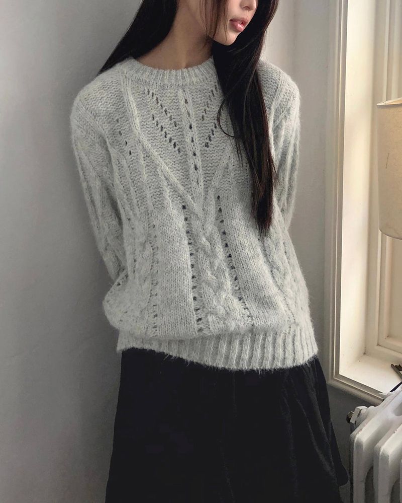 Neha Loose Wool Cable-knit Round-neck Sweater
