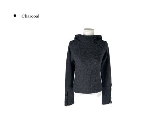 [Fleece/Sleeves Button] Rambo Brushed High Neck Ribbed Button Hood Knit